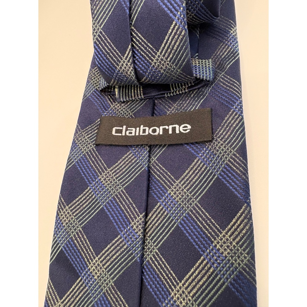 Claiborne Mens Navy Blue Plaid Silk Necktie Handmade Geometric Formal Tie